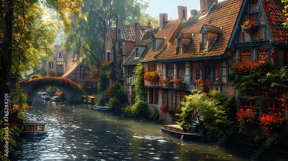 a winding canal winding through a quaint European village, with charming stone bridges and colorful houses lining the water's edge, creating a timeless and idyllic setting in stunning 16k high resolut