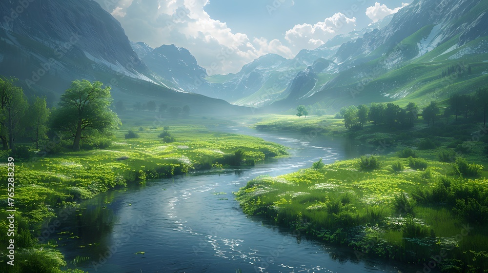 a winding river flowing through a peaceful valley, where verdant meadows and swaying trees line the banks, captured in stunning 16k high resolution
