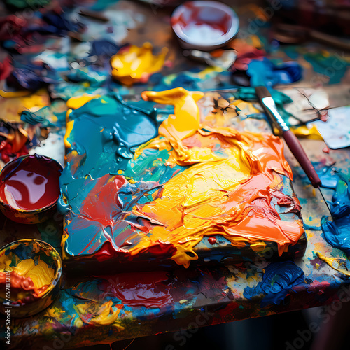 Close-up of a painters palette with vibrant colors  © Cao