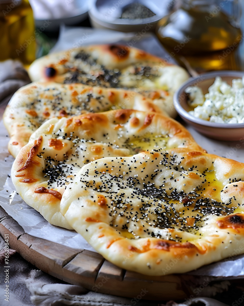 Manakish, A Middle Eastern flatbread made with a soft dough and topped ...