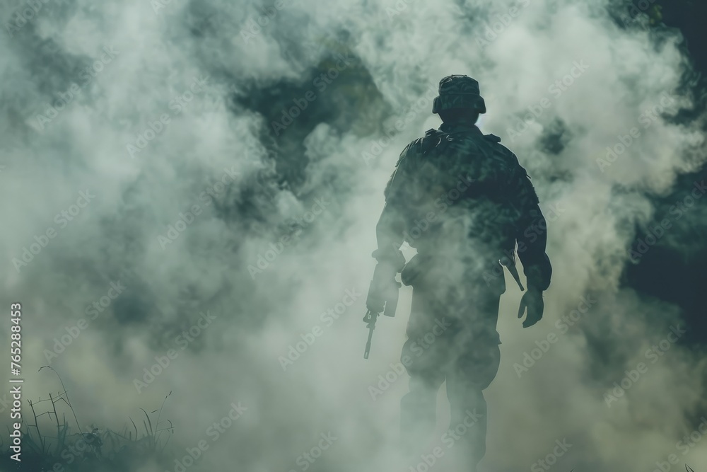 Soldier in military gear walking into fog Soldier in military gear walking into fog