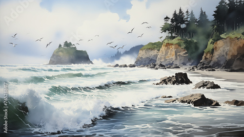 A watercolor painting of seagulls soaring above a dynamic coastline with waves crashing against rocky shores under a cloudy sky.