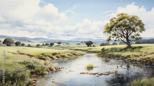 A watercolor painting of a gentle river winding through a lush pastoral landscape with scattered trees and distant hills under a cloud-dappled sky.