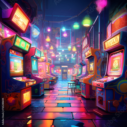 Retro arcade with colorful game machines.