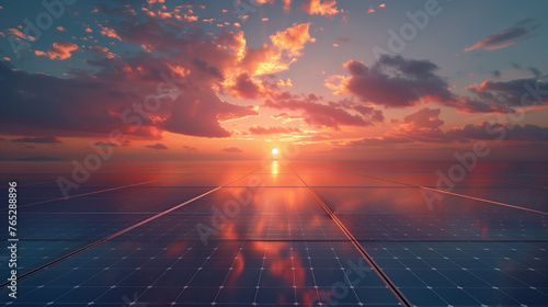 Solar Panels with Dramatic Sunset Over Ocean. Solar energy concept depicted by an array of photovoltaic panels.