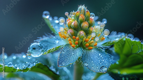 Dew-covered flower budding, green backdrop, detailed water droplets, evokes fresh growth.