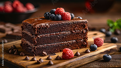 Decadent chocolate cake with fresh berries, exquisite dessert presentation.

 photo