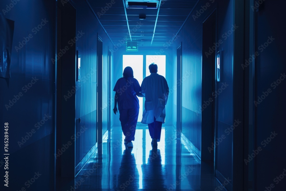 Healthcare workers in hospital corridor walking - Two medical staff are depicted walking down a calm hospital corridor with a bright light at the end