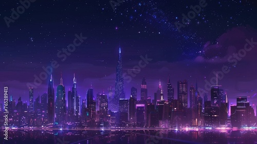 Futuristic city skyline with starry night sky - This digital art piece depicts a vibrant futuristic city skyline against a backdrop of a star-lit sky, exuding modernity
