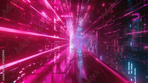 Futuristic pink and blue neon corridor - This abstract 3D illustration depicts a vibrant corridor with glowing neon pink and blue lights, creating a sense of motion and futurism