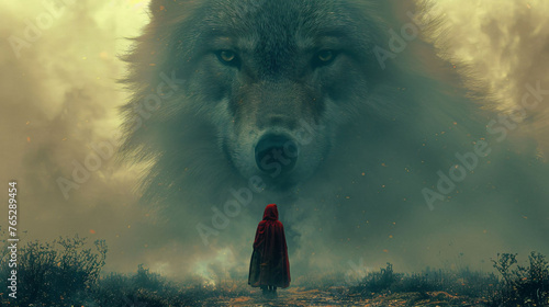 Red riding hood and wolf in misty forest, depicts fairy tale and mystery. photo