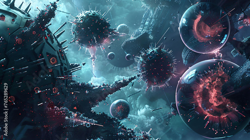 Abstract neon microbe illustration, represents science, medicine, and biotechnology.