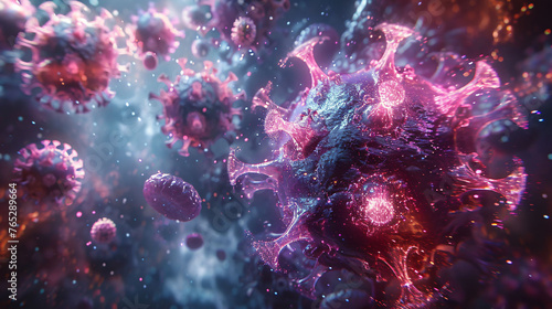 Fantasy artwork of viruses, symbolizes threat and magnification.