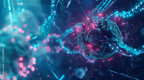 Ethereal virus visualization, signifies microscopic examination and digital health.

