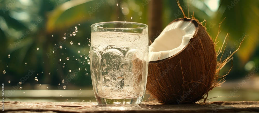 A glass of coconut water sits next to a fresh coconut on a table, showcasing the natural liquid extracted from this tropical plant - obrazy, fototapety, plakaty 
