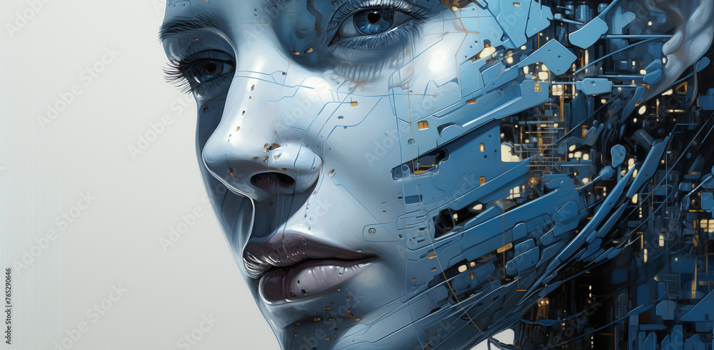 Konzept Künstliche Intelligenz, Maschinenlernen eines humanoiden Roboters, Cyborg, Mesch Maschine Kombination - obrazy, fototapety, plakaty 
