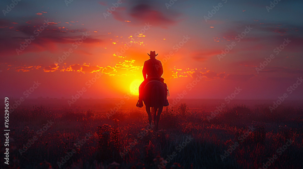 Cowboy silhouette on horseback at sunset, evokes freedom and the American West.

