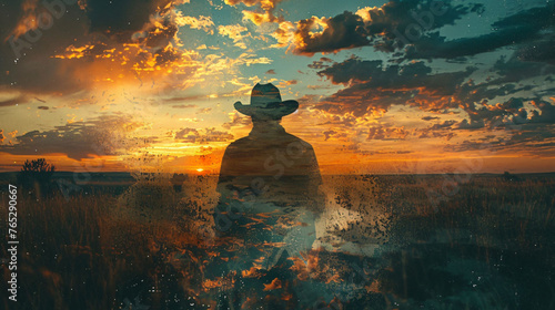 Sunset double exposure with cowboy, dreamy rural scene, suggests introspection and nature.