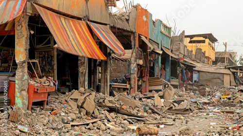 The remnants of a once bustling marketplace resemble a ghost town the colorful awnings and bustling stalls now rep by piles of rubble and debris.