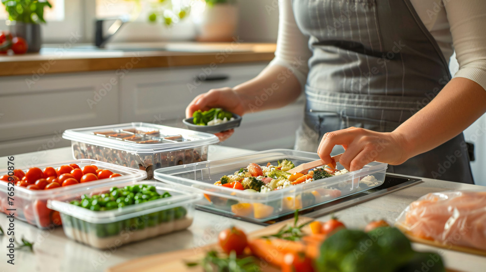 A home cook prepares meal prepping containers with fresh ingredients, promoting healthy eating habits and the convenience of organized nutrition.
