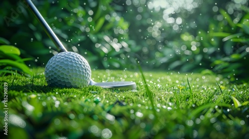 Morning dew surrounds a golf ball before a swing.