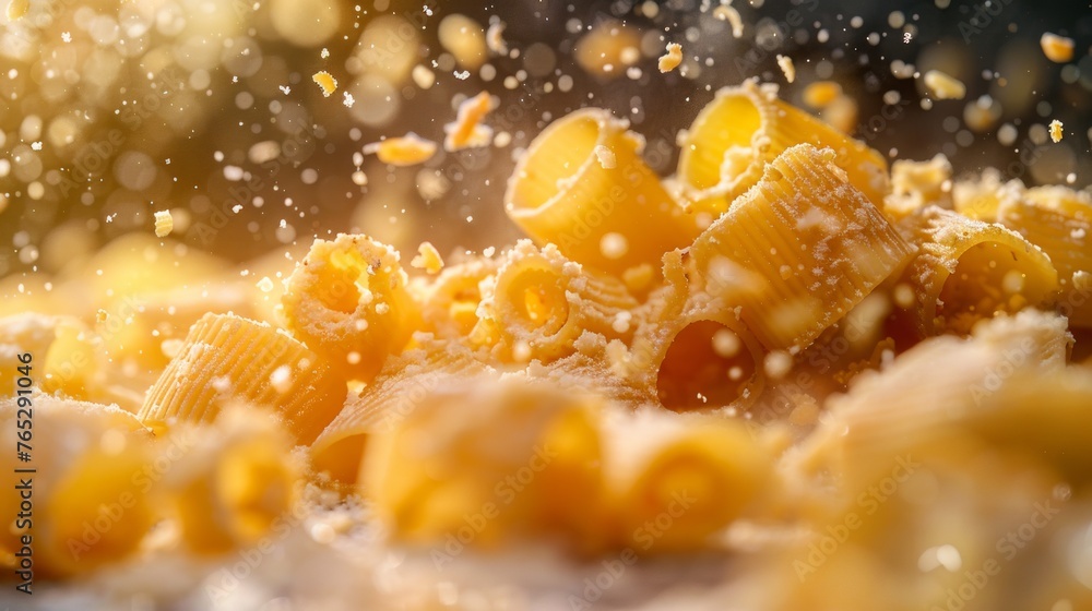 Airborne fusilli pasta with cheese shower Airborne fusilli pasta with cheese shower
