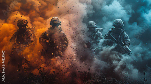 Soldiers advancing through a smoke-filled battlefield, depicting intensity and the fog of war.
