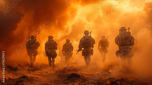 Soldiers marching through intense flames  portraying bravery and the harsh reality of conflict. 