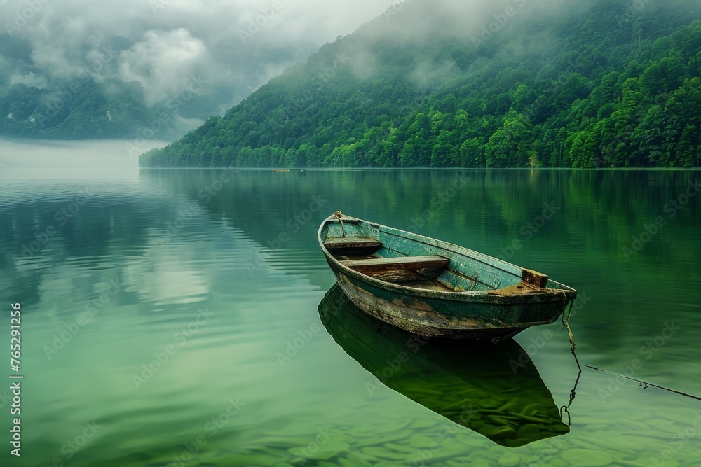 Boat on calm lake water with green trees in mist