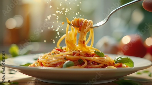 Elevated forkful of spaghetti with basil and cheese