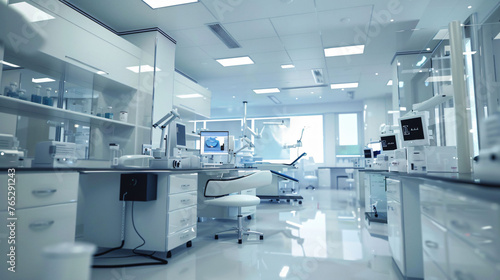 Bright, clean laboratory with modern equipment. Concept: medical advancement, pristine research environment. 