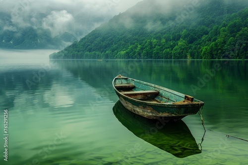 Boat on calm lake water with green trees in mist