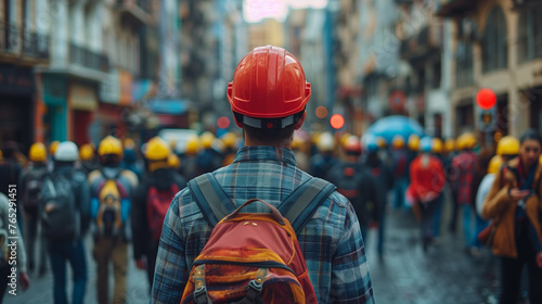 A man with a red hard hat is confidently walking down the street on Labor Day