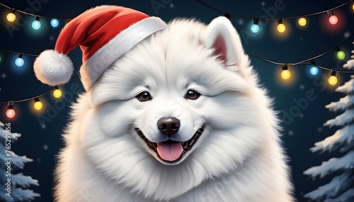 Samoyed Dog with christmas lights in Santa's hat. Cute Christmas puppy illustration.
