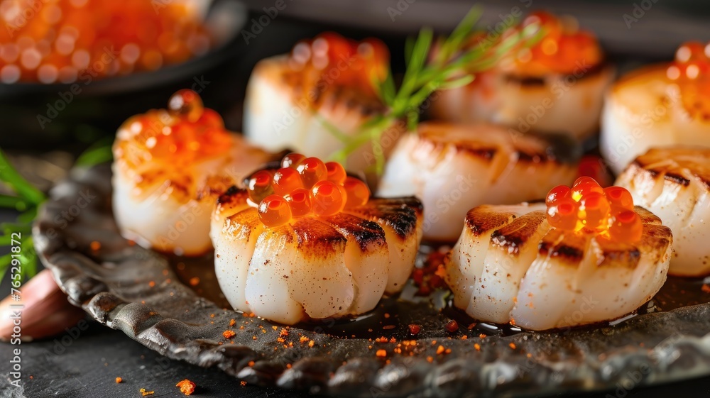 Pan-seared scallops with salmon roe on plate - Deliciously pan-seared ...