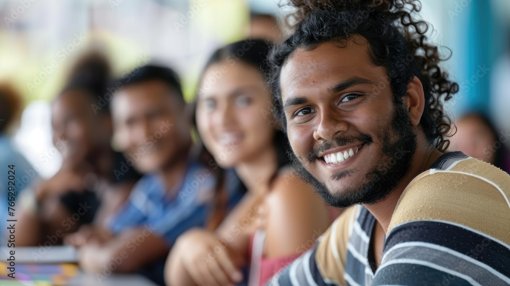 Smiling man with students in background - A young man with curly hair smiling at the camera with blurred students in the background Smiling man with students in background - A young man with curly hair smiling at the camera with blurred students in the background