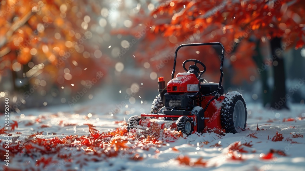 Snow blower in wintery autumn backdrop - A red snow blower idle on the snow-covered ground amidst fallen autumn leaves, indicating a sudden snowfall Snow blower in wintery autumn backdrop - A red snow blower idle on the snow-covered ground amidst fallen autumn leaves, indicating a sudden snowfall