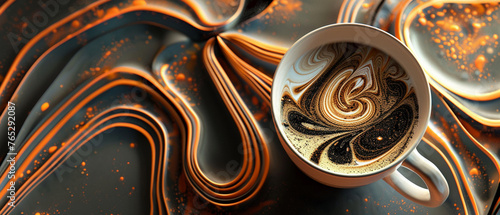 A cup of coffee merges with swirling abstract patterns evoking a surreal morning ritual.