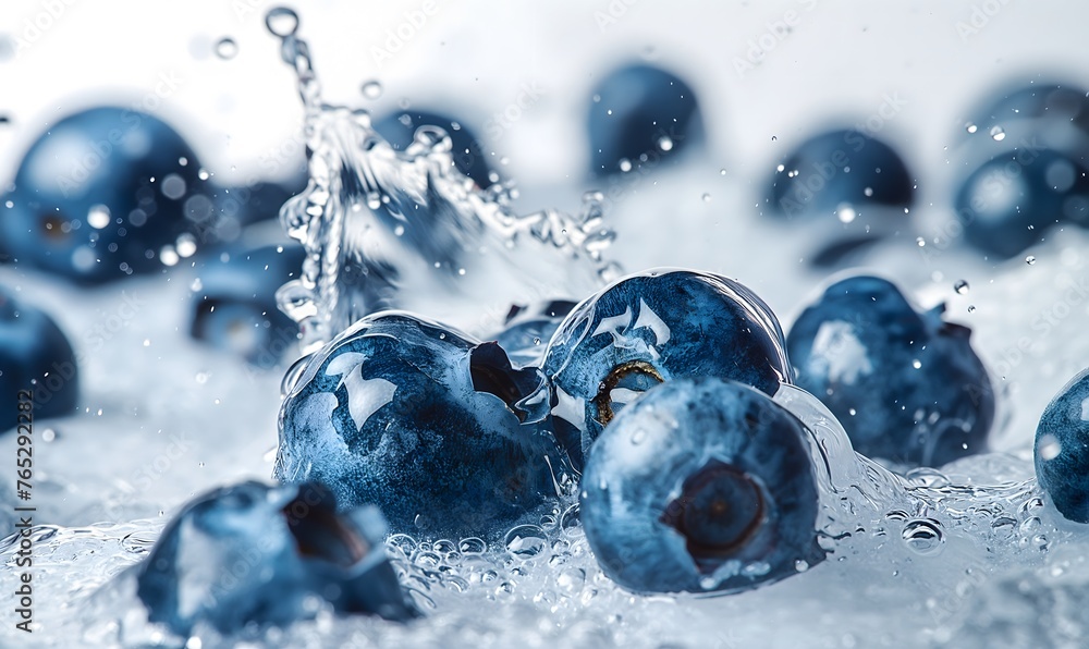Blaubeeren fallen ins Wasser, Spritzendes Wasser, weißer Hintergrund mit Tiefenschärfe Blaubeeren fallen ins Wasser, Spritzendes Wasser, weißer Hintergrund mit Tiefenschärfe