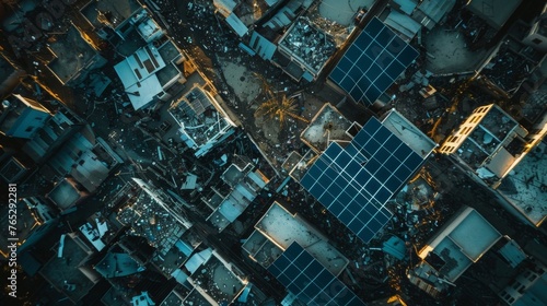 A drone view of a disaster zone showing the contrast between dark damaged buildings and the bright glow of solar panels on top of . AI generation. photo