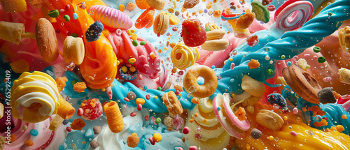 A whirlwind of snacks caught in a vibrant explosion scattering flavors across an unseen canvas. photo