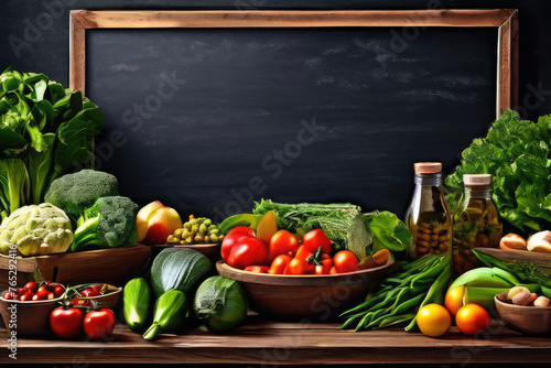 vegetables and fruits on a blackboard