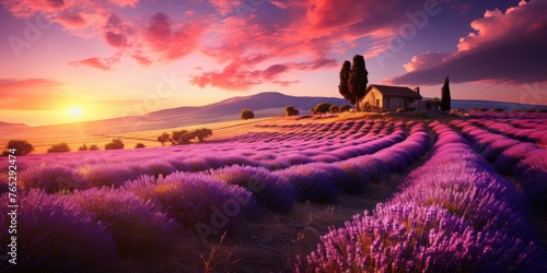 Lavender Field With Distant House Generative AI © Johnathan