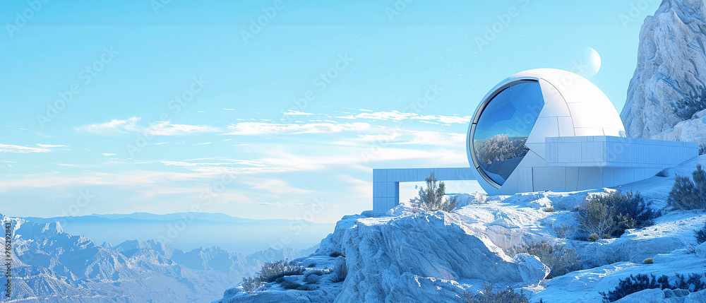 White minimalist streamlined observatory on a mountaintop with oversized windows facing the azure expanse. - obrazy, fototapety, plakaty 