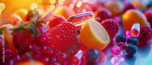 Assorted fresh fruits with vitamin capsules symbolizing health, nutrition, and dietary balance. © pprothien