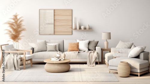 Modern elegant living room interior composition with sophisticated palette and background 