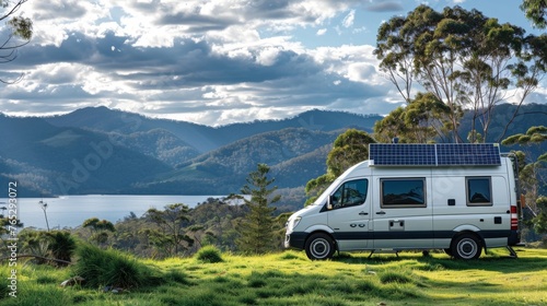 A campervan parked in a picturesque location with a solar panel array installed on its rooftop providing sustainable electricity for . AI generation. photo