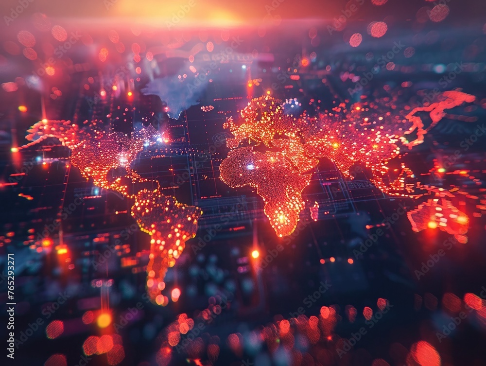 Digital world map with magical pathways, vibrant neon trails Digital world map with magical pathways, vibrant neon trails
