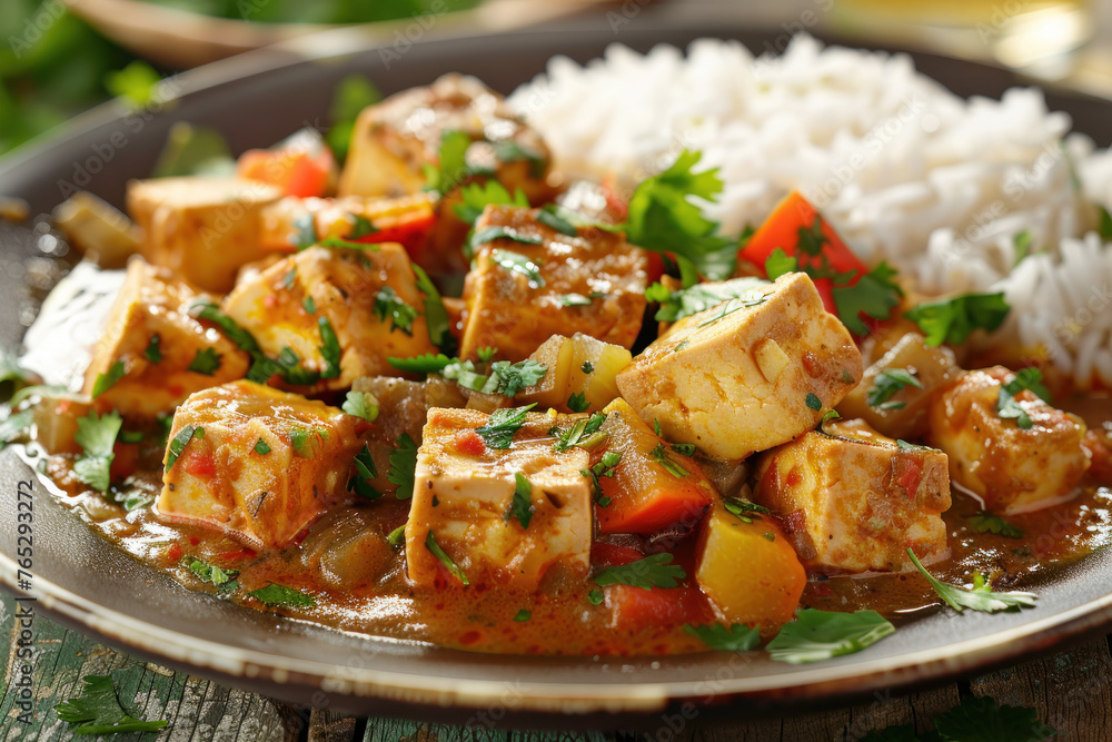 Plating design of savory tofu curry in a bowl Plating design of savory tofu curry in a bowl