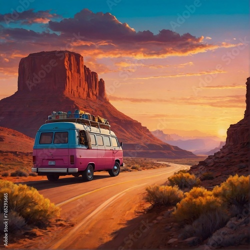 Embark on a journey with a vintage van vanishing into the horizon along a scenic canyon road at sunset.